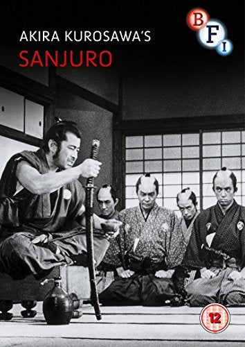 DVD cover of "Sanjuro" featuring a man holding a sword, surrounded by seated men.