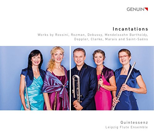 "CD cover featuring four musicians in formal attire holding various instruments against a blue background."