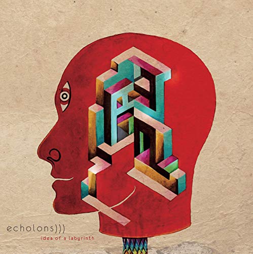 Red silhouette of a head with a colorful labyrinth inside, on a beige background.
