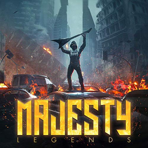 The image depicts a vinyl record cover with a man standing on a burning car, holding a flag aloft. The alt text is: "Vinyl record cover with man standing on burning car, holding flag."