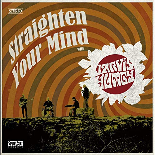 Vinyl record cover with psychedelic design, featuring a band on a rocky surface.