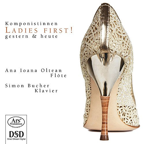 Gold high-heeled shoe with lace details on a white background with text.
