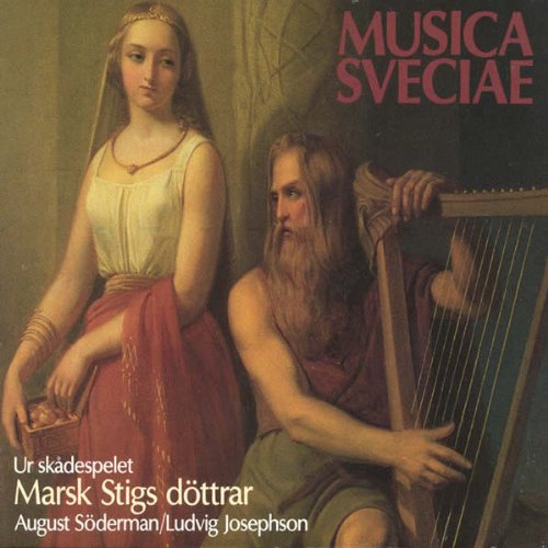"Album cover with medieval painting of a man playing harp and a woman."