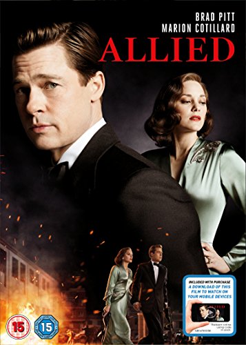 "Movie cover for 'Allied' featuring Brad Pitt and Marion Cotillard in formal attire."