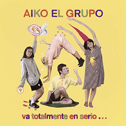 "A vinyl album cover featuring four people in playful poses against a yellow background."