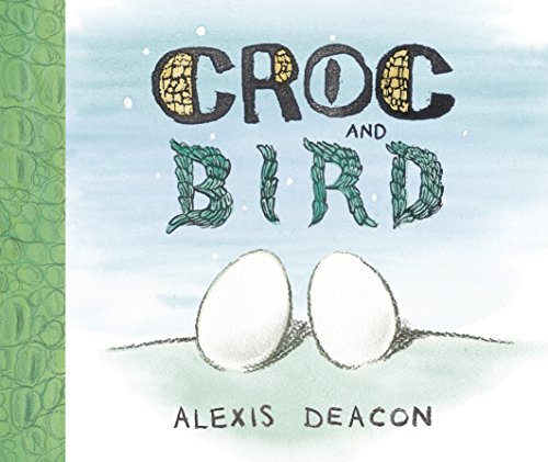 "Croc and Bird" book cover featuring two eggs on a sandy ground, with green border.