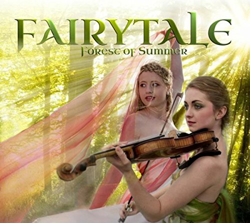"Album cover featuring two women in flowing dresses playing violins in a forest scene."