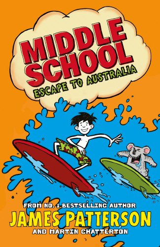 "Book cover featuring a cartoon boy and koala surfing on an orange and blue background."