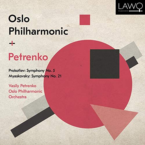 "CD cover with abstract red, black, and grey shapes on beige background, displaying orchestra name."