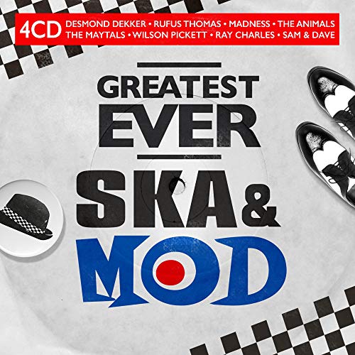 The image is a CD cover for the album "Greatest Greatest Ska & Mod". The cover features a grey background with black and white checkered patterns in the corners, and the title is written in large, bold letters. The main subject of the image is the CD cover itself, which includes the names of various artists and the text "4CD" in a red banner at the top. Here is a concise, descriptive alt text that meets the requirements: "CD cover with 'Greatest Ever S