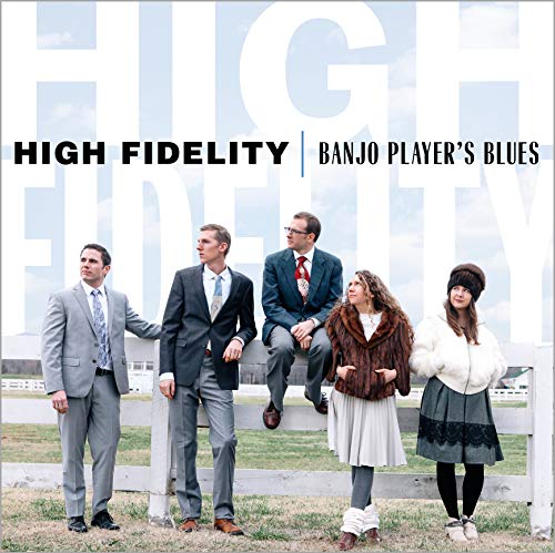 "CD cover featuring five people in formal and casual attire standing by a fence."