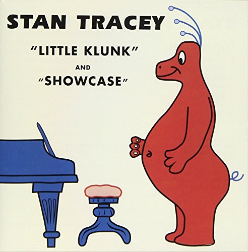 "Album cover with cartoon dinosaur standing by a blue piano on beige background."