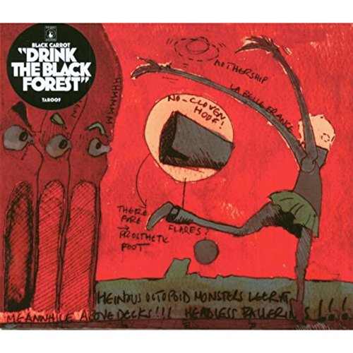 "Album cover with red background, cartoon figure, and abstract shapes."