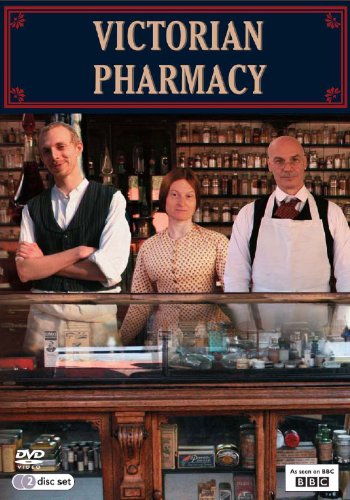 "DVD cover for 'Victorian Pharmacy' showing three people behind a pharmacy counter."