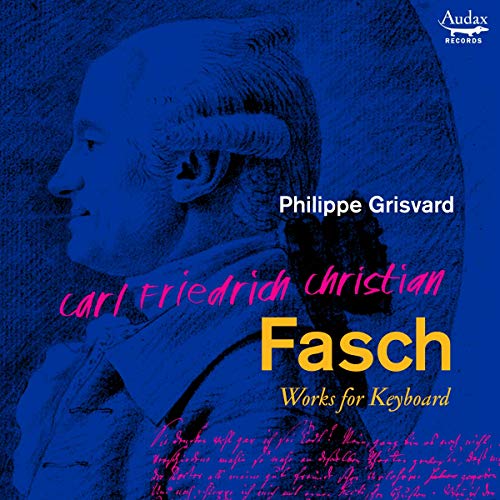 "Blue-toned CD cover with portrait and text: 'Fasch, Works for Keyboard'."