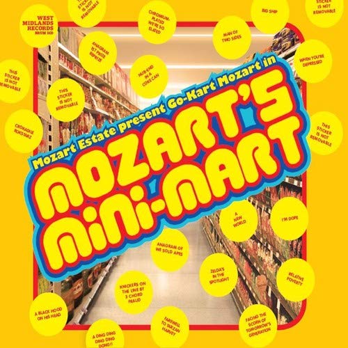 Album cover featuring a supermarket aisle surrounded by yellow circles with text, on a yellow background.