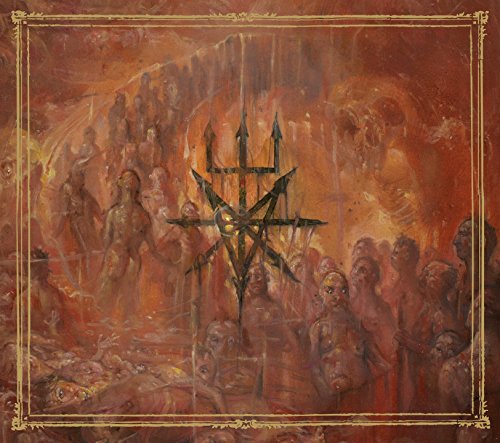 "Album cover with a dark, hellish scene and a black pentagram."