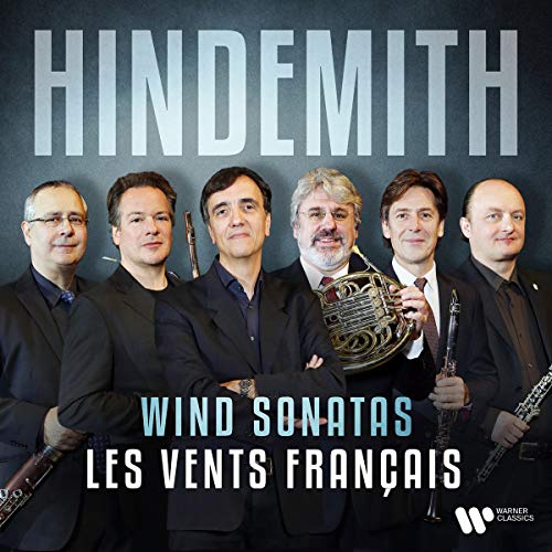 "CD cover featuring five men holding wind instruments, with text 'Hindemith Wind Sonatas'."