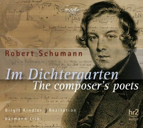 CD cover with portrait of Robert Schumann on sheet music background.