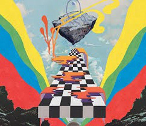 "Album cover art featuring a surreal, checkered ramp and abstract shapes against a cloudy sky."