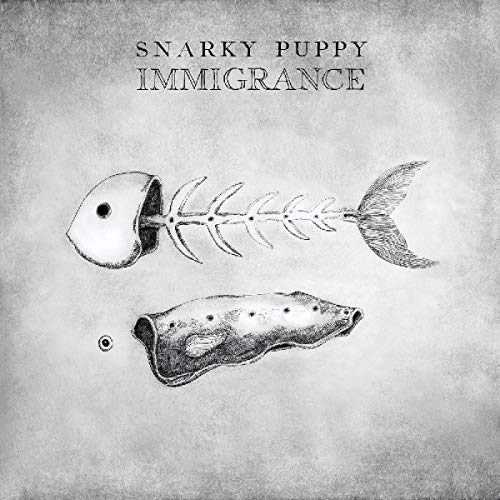 "Album cover with fish skeleton and larva illustrations, gray textured background, 'Snarky Puppy Immigrance' text."