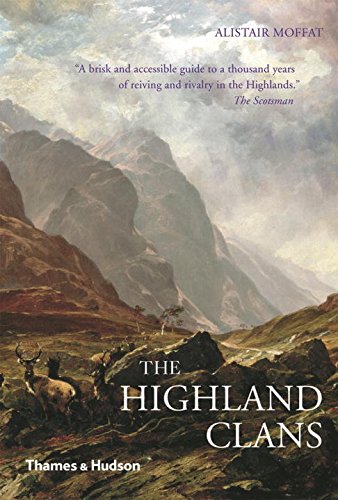 "Book cover of 'The Highland Clans' featuring a mountain landscape with deer."