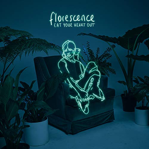 A neon outline of a girl sits on a chair surrounded by potted plants.