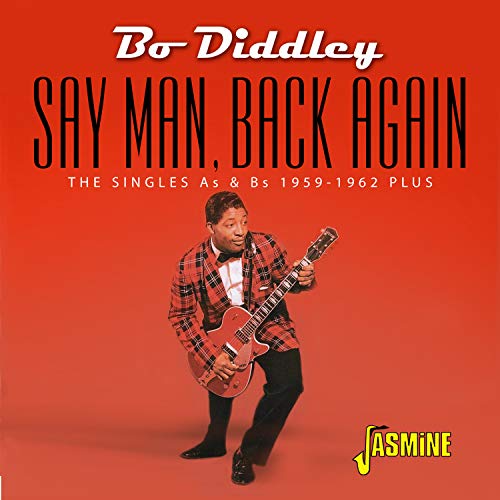 "CD cover featuring Bo Diddley playing guitar, orange background, black and red plaid jacket."