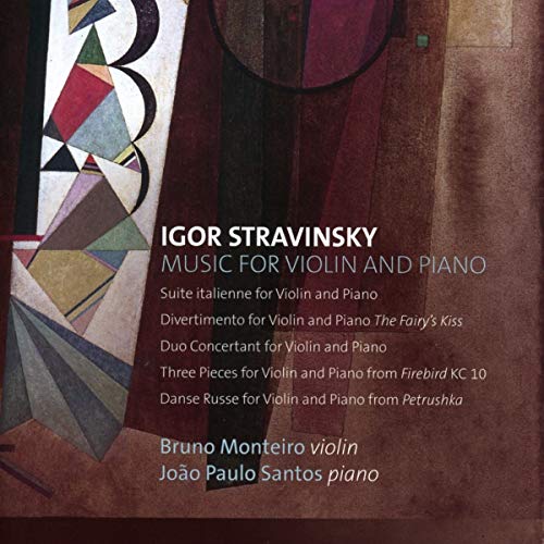 "CD cover with abstract art and white text listing Stravinsky's violin and piano compositions."