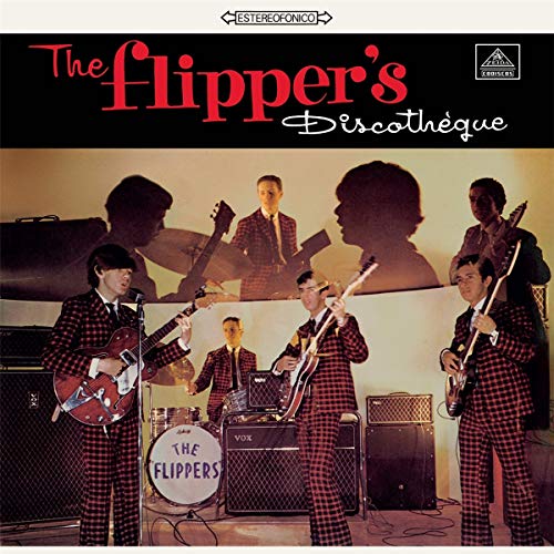 "Album cover featuring a band in red and black plaid suits playing instruments."
