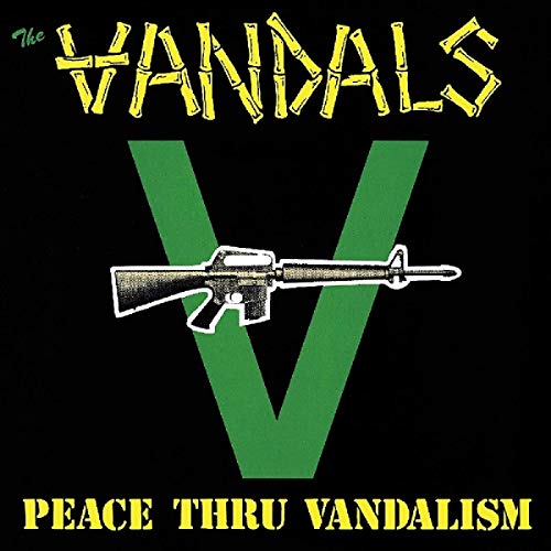 "Album cover with 'The Vandals' in yellow, green 'V', and rifle illustration on black background."