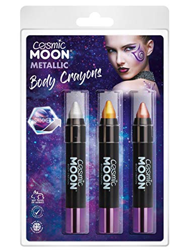"Three metallic body crayons in clear packaging with a model having face paint."