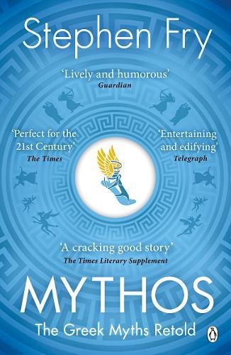 "Book cover of 'Mythos: The Greek Myths Retold' by Stephen Fry, blue background with Greek designs."