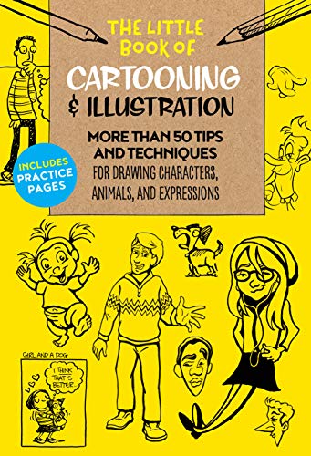 "Yellow book cover with cartoon drawings and title 'The Little Book of Cartooning & Illustration'."