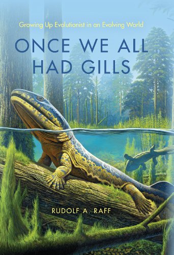 Book cover with a prehistoric creature on a log in a forest pond.