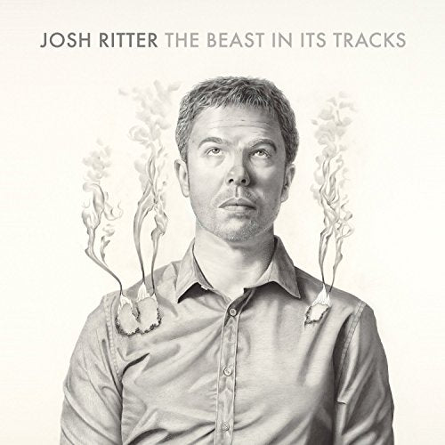 "Album cover featuring a man with smoke around him, titled 'The Beast In Its Tracks'."