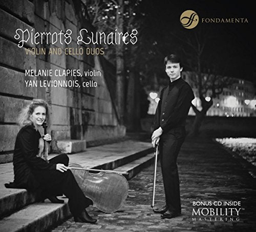 Black and white CD cover featuring a man and woman with musical instruments.