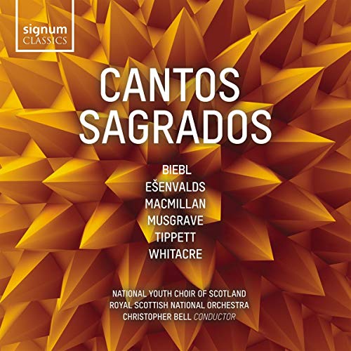 "Cantos Sagrados" CD cover with orange 3D geometric pattern and white text.