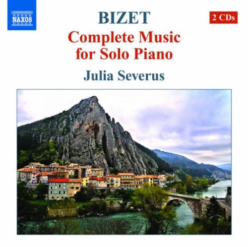 "CD cover with a village landscape image and text 'Bizet: Complete Music for Solo Piano'."