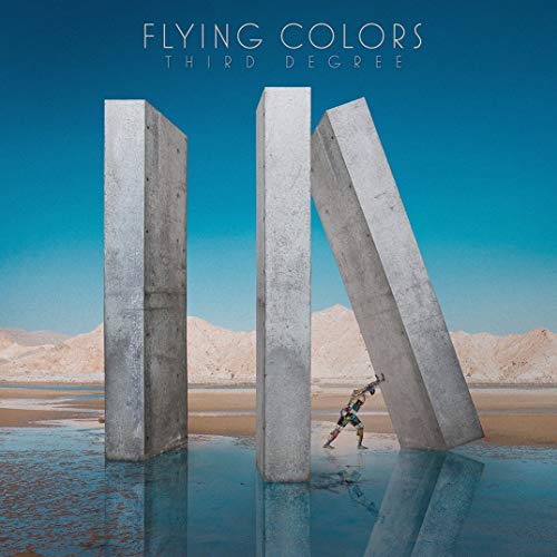 The image depicts the album cover for "Flying Colors - Third Degree". Alt text: A person pushes a large, tilted concrete slab in a desert landscape.