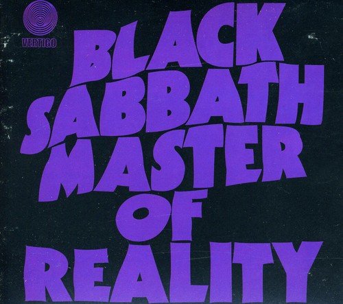 "Black Sabbath album cover with purple text on a dark background."