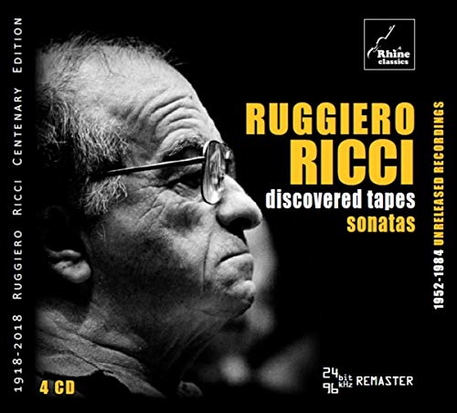 Black-and-white image of Ruggiero Ricci on a black CD cover with yellow and white text.