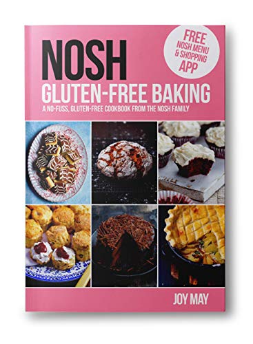 "Gluten-free cookbook cover with pink background, 'NOSH' title, and images of baked goods."