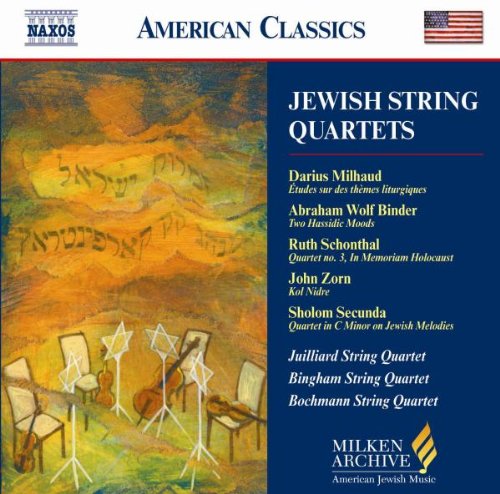 "CD cover with abstract painting and text listing Jewish string quartet compositions and performers."