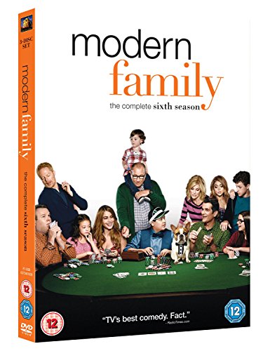 "Modern Family Season 6 DVD case featuring the show's cast around a poker table."