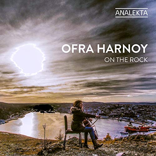 A cellist sits on a cliff overlooking a body of water, under a cloudy sky.
