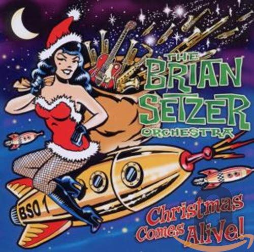Album cover featuring a cartoon woman in a Santa hat on a rocket ship.