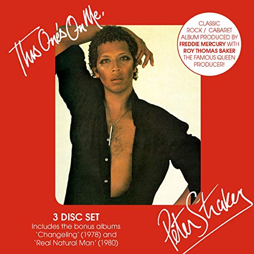 Red album cover with man in unbuttoned black shirt and text "Peter Straker" and "This One's On Me".