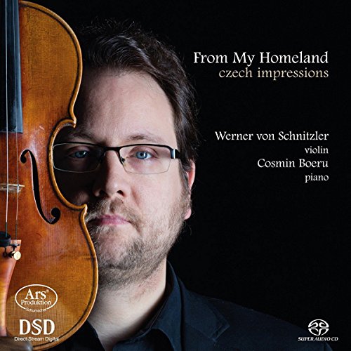Man holding a violin against his face, with text on a black background.