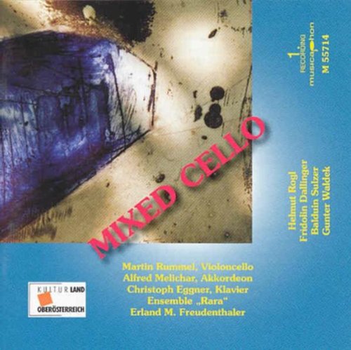 "CD cover with abstract art, 'Mixed Cello' title, and artist names on blue background."